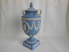 1968 Wedgwood Blue Jasperware Erato & Urania 11.5″ Tall Urn w/ chip underneath