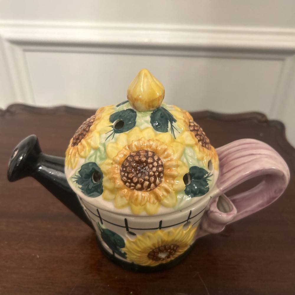 Vintage FITZ & FLOYD Sunflower Watering Can Lidded Tea Light Holder/Wax Warmer