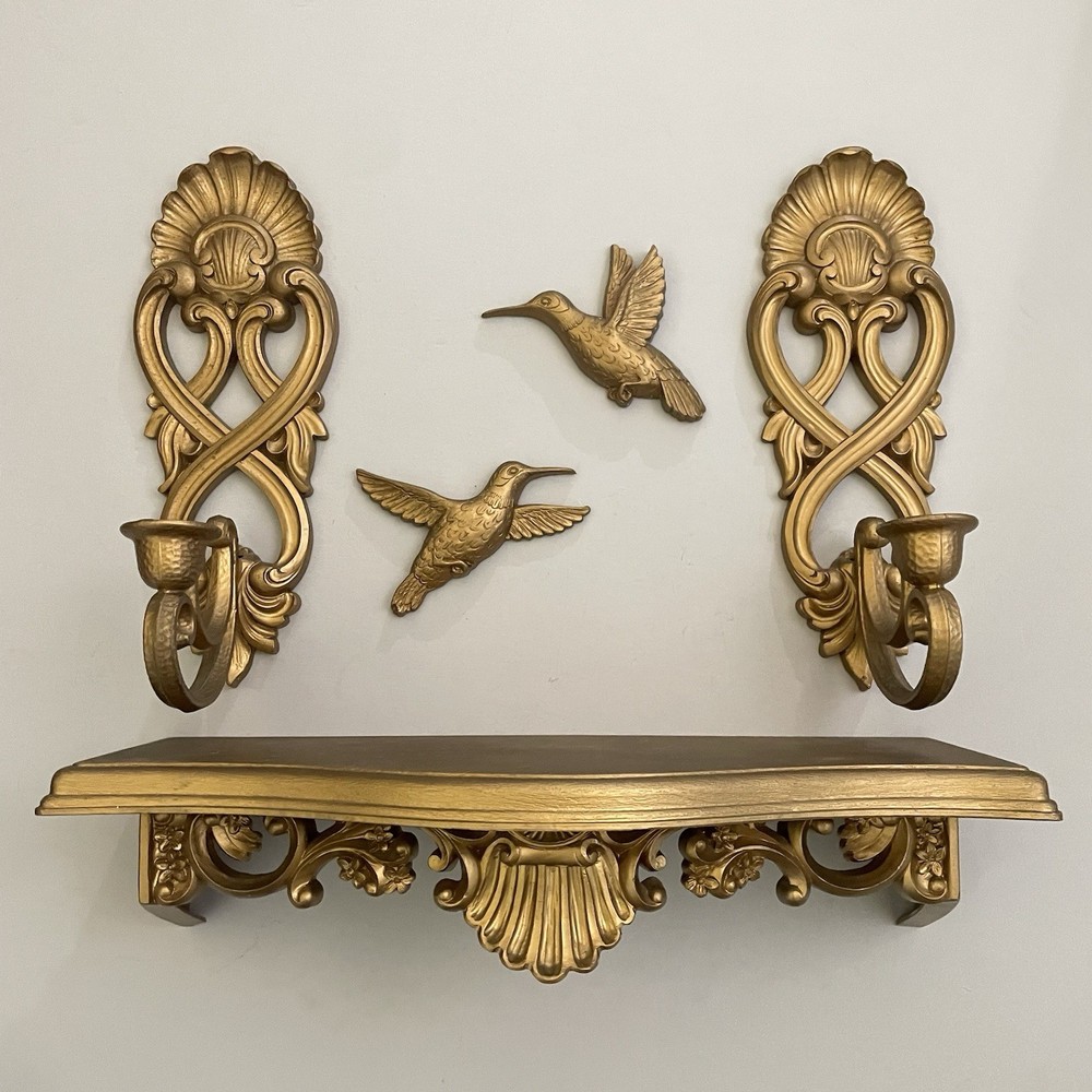 Vintage Homco Gold Plastic Wall Shelf Wall Sconce Candle Holders Birds Lot of 5