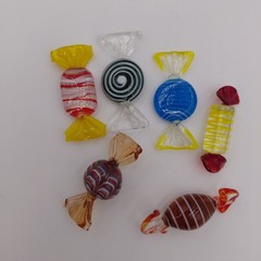 6 Hand Blown Art Glass Candy Pieces Striped MCM Grandma Murano Style Colorful