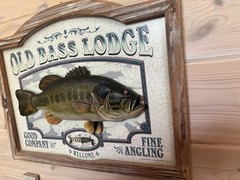 Large Old Bass Lodge 3D Wooden Fish Framed Sign Vintage. 22×17 By John Q Wright.