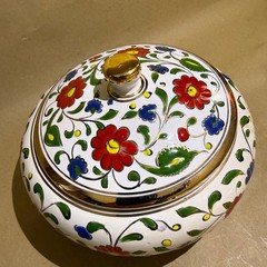 Vintage Dakas Ceramic Rhodes Greece Hand Painted Lidded Bowl 24K Gold Gilt 16cm