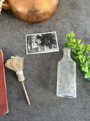 Antique Photo Upcycled Repurposed Primitive Vignette Tabletop Decor Metal Copper
