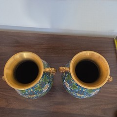 Pair Chinese Cloisonné Enamel Brass Floral Vases Blue Dragon Handle Vintage