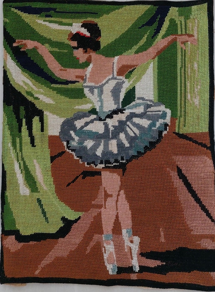 WOMAN BALLET DANCER NEEDLEPOINT HAND EMBROIDARY OLD ART UNFRAMED