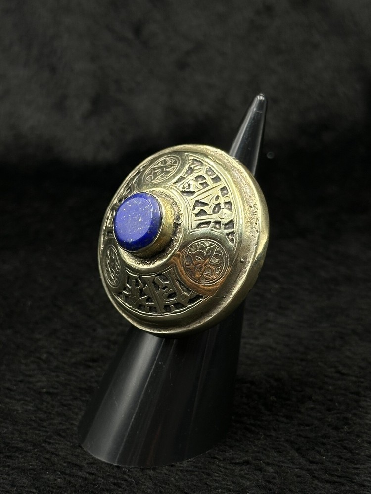 Huge Silver Old Afghanistan Unique Ring With Natural Lapis Lazuli Stone