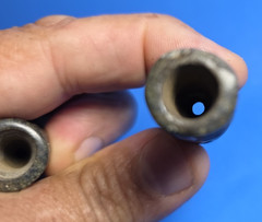 PAIR OF PRE-COLUMBIAN MAYAN SERPENTINE TUBULAR NECKLACE BEADS WITH GLYPHS