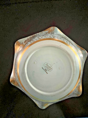 VTG STANGL POTTERY 10″ RUFFLED DISH ANTIQUE GOLD OVER TURQUOISE BLUE BASE #4062