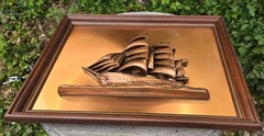 NAUTICAL, FRAMED, COPPER CLAD “3D” SHIP MODEL Victor Personette 22X16″