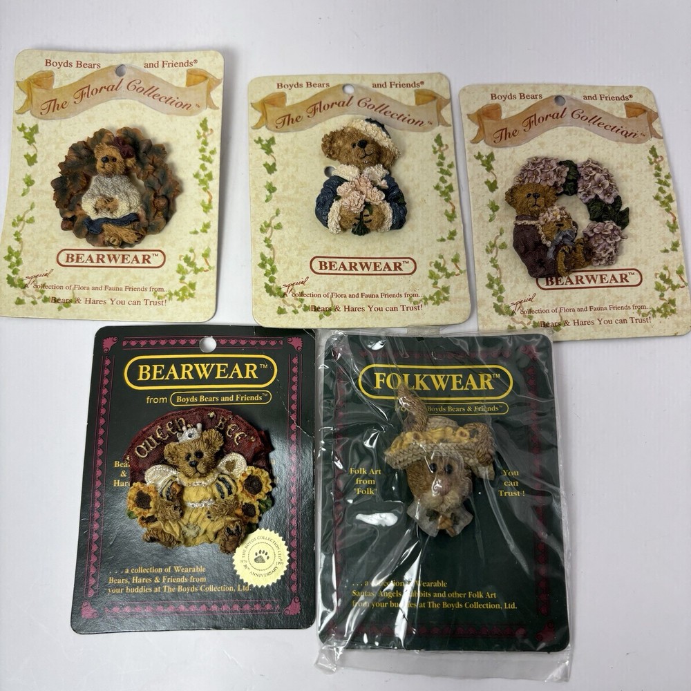 Boyds The Bearwear Collection Set 0f 5 New On Cards Pins Brooches Oakley Minnie