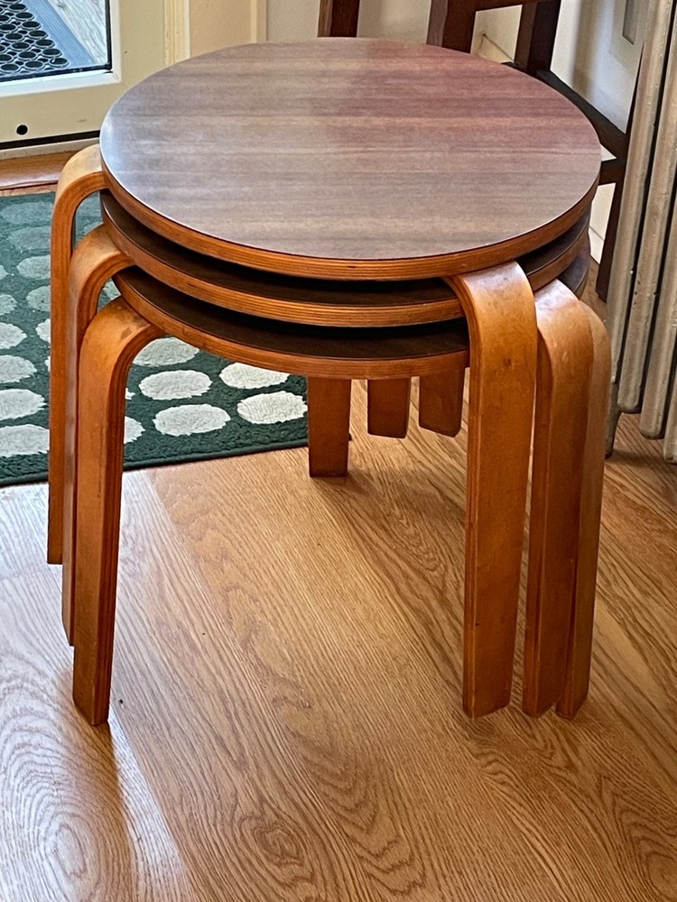 Modernist Aalto Alvar Style 3 Stacking Bent Leg Tables Vintage Formica Tops