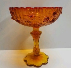 Vintage Amberina Glass Fenton Cabbage Roses Compote Pedestal Candy Dish 7.5″