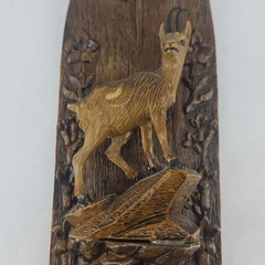 Swiss Black Forest style wood wall plaque thermometer carved ibex mountain goat