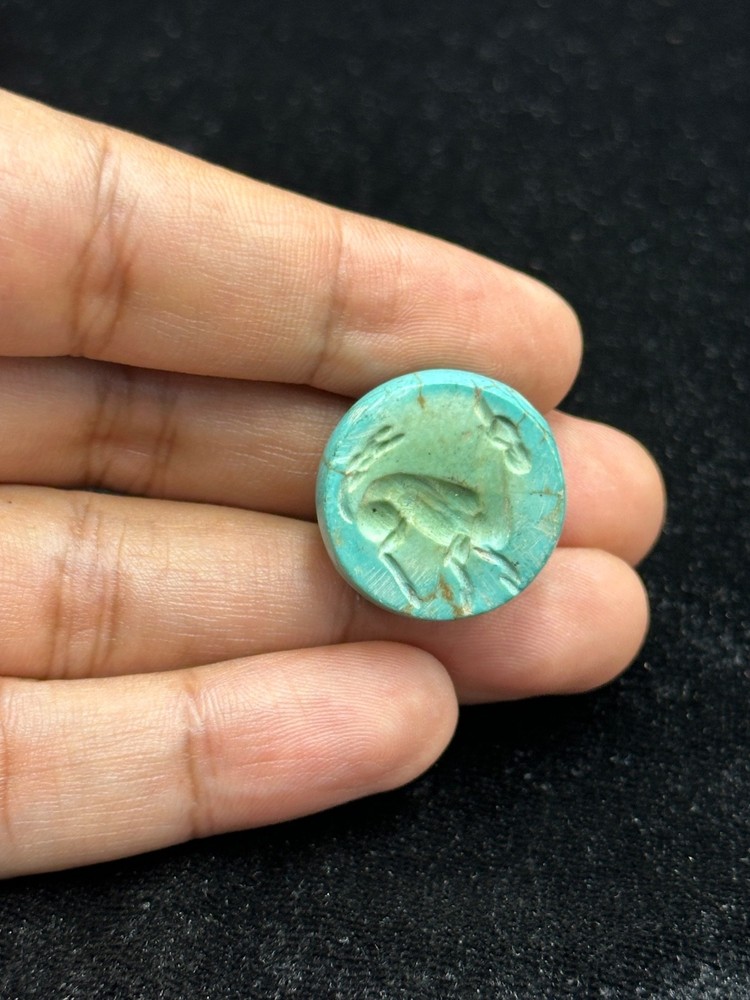 Ancient Near Eastern Sassanid Sasanian Turquoise Intaglio Seal Stamp Dome Bead