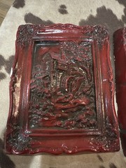 Vintage Asian Red Lacquer Wall Plaques Village Relief Art Decor Set of 2