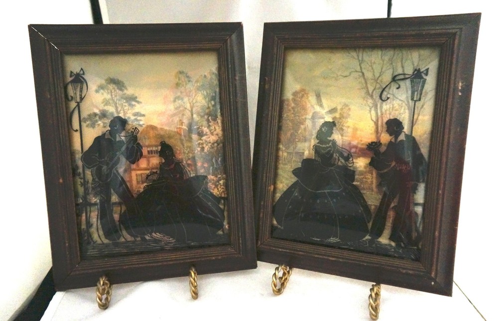 Pair 1940 Convex Glass Matching Silhouettes Couple Guitar Serenade