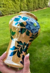 Art Deco Lusterware Vase Hand Painted Flowers Blue & Orange 8″ x 6″