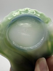 Akro Agate Slag Glass Scallop Shell Trinket Dish Green White Swirl USA, marked