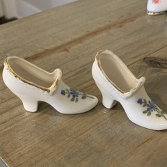 Porcelain Decorative Shoe Pair Floral Design Gold Trim White Blue Green