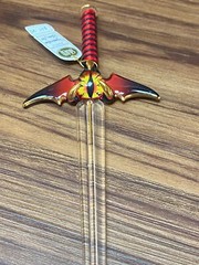 Small Glass Sword Eye of The Dragon Figurine Crystal & 22Kt Gold Goth Devil Wing