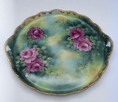 Antique Limoges Hand Painted Gold Scalloped Edge Handles Pink Roses Beauty10”