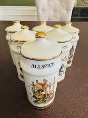 Vintage Spice Jars w/Lids 1987 MJ HUMMEL Porcelain Set of 6 Alpine Switzerland