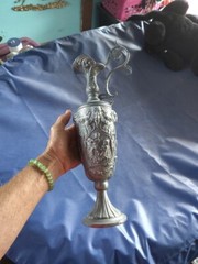 Large Victorian Italian PELTRATO 90% Pewter Art Nouveau Cherub Goat Ewer 15″
