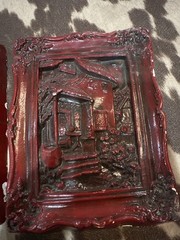 Vintage Asian Red Lacquer Wall Plaques Village Relief Art Decor Set of 2