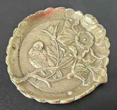 Vintage Art Nouveau Brass Scalloped Round Trinket Dish Impressed Bird Floral…