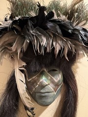 Decorative Mask with Antlers, Feathers, Long Hair – Black Gray White Original