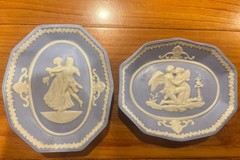 Vintage Blue Jasperware Trinket Dishes Neoclassical Cherub Cameo Trays Pair
