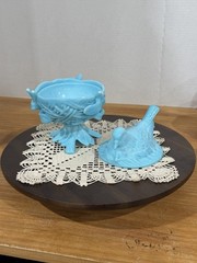 Westmoreland Robin Bird Dove on Nest Footed Bowl Dish & Lid Blue Milk Glass