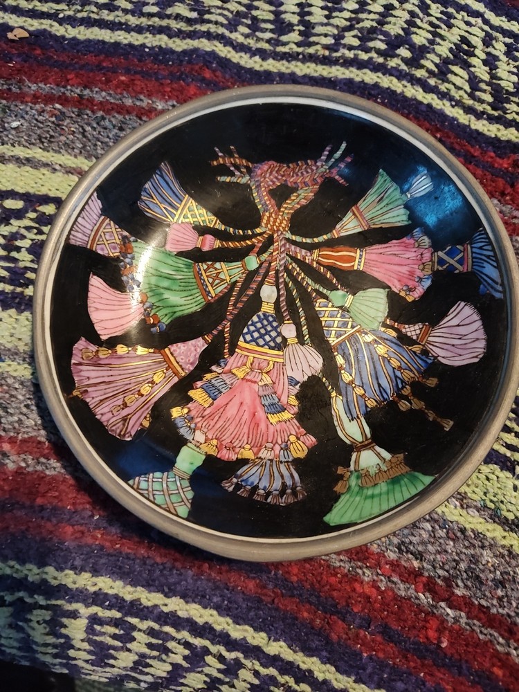 Vintage Neiman Marcus Colorful Tassel Bowl Heavy Pewter Decorative Bowl 7.5″