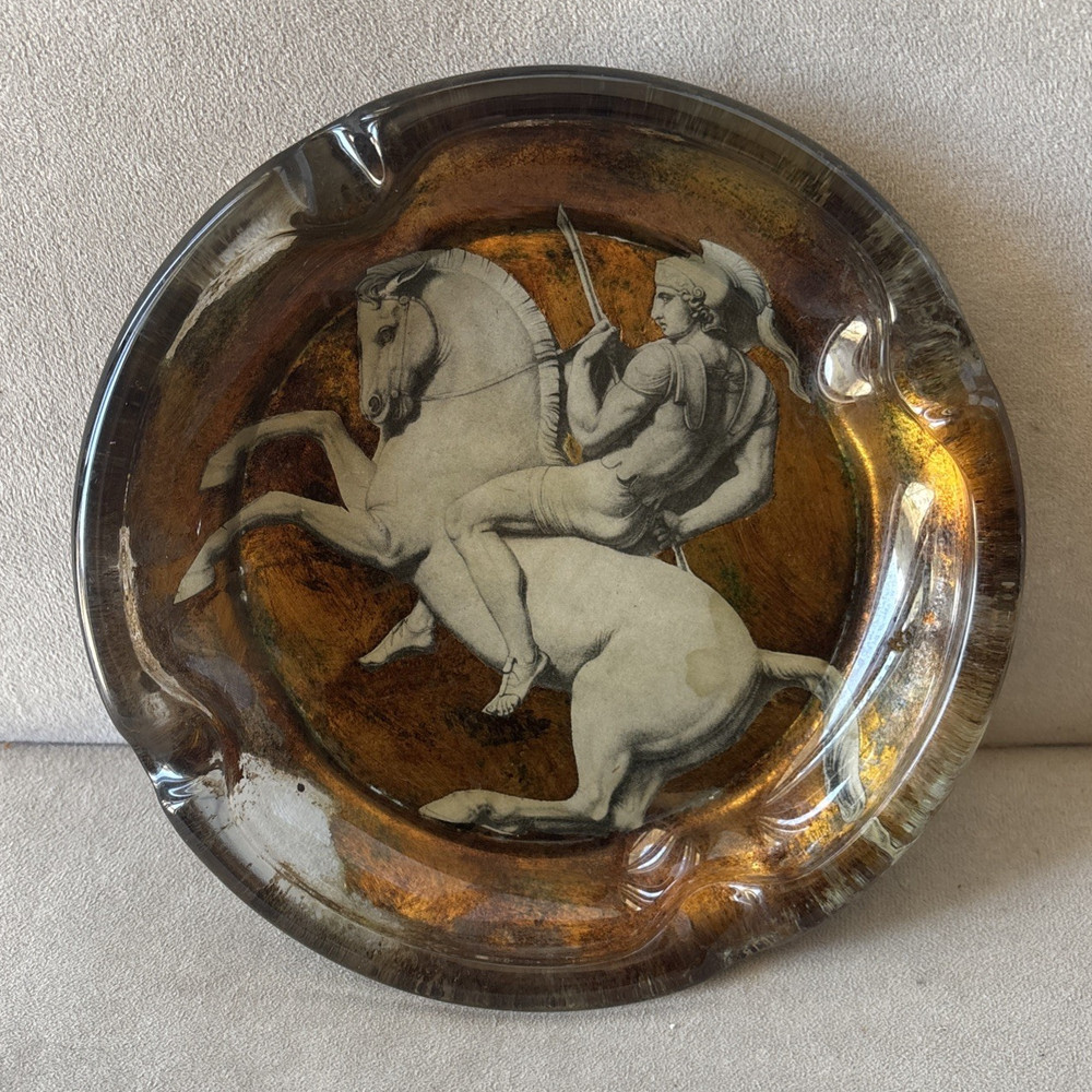 Vintage Art Neoclassical Greek Horse Trinket Bowl Ashtray Decoupage Sungott NYC