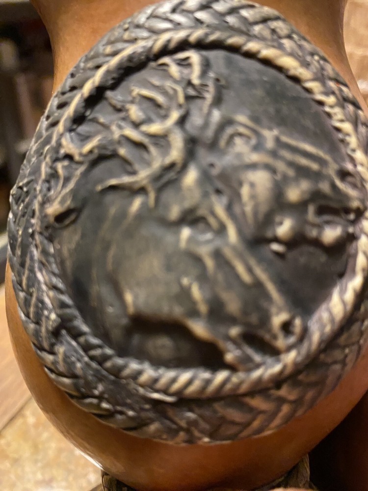 MUST SEE 6” Gourd Vase With Intense Carved Resin Base Horse Bull Cow Western