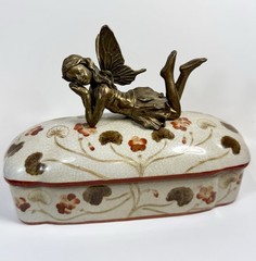 Hung Hei Trinket Box Dresser Fairy Angel Handle Art Nouveau Style Ceramic 9”