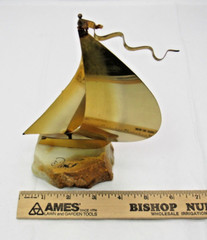 Vintage DeMott Signed Brass Metal Sail Boat Sculpture Onyx Base Nautical 8″