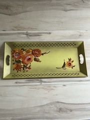VTG Toleware Nashco Metal Rectangle Green Hand Paint Floral Tray Handles 22” L