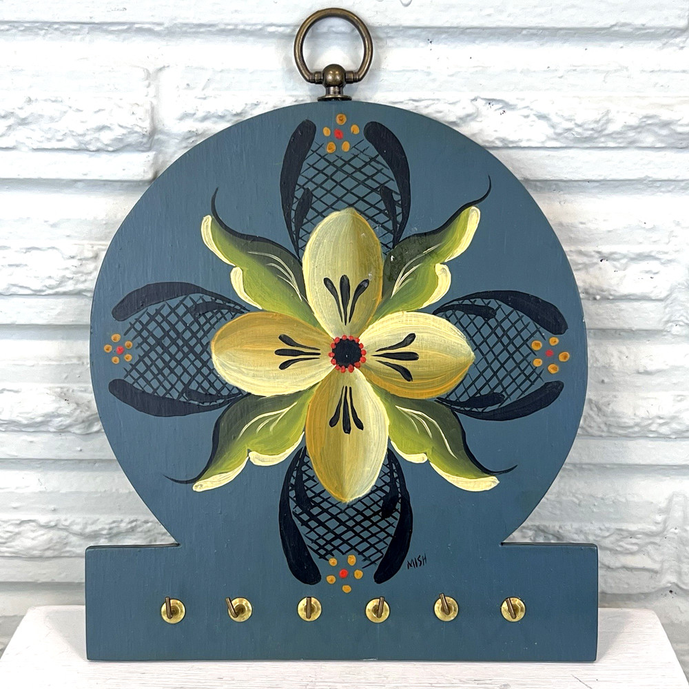 Vtg Blue Floral Tole Painting Key Necklace Holder Hanging Wall Rack Signed Boho