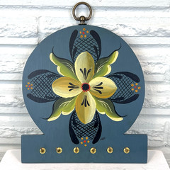 Vtg Blue Floral Tole Painting Key Necklace Holder Hanging Wall Rack Signed Boho