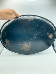 Vintage Tole Tray Hand Painted Fruit Gold Trim Pierced 17 1/2″ L x 13 W