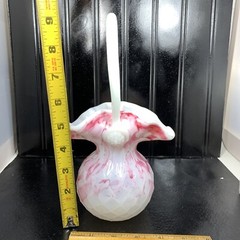 Pink Hand Blown Art Glass Basket Bowl Mid Century Pink & White Swirl 9″ Vintage
