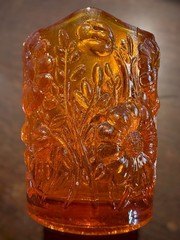 VTG Amberina Orange Daisy Tulip Glass Votive Toothpick Holder 2 1/2 Floral Glows