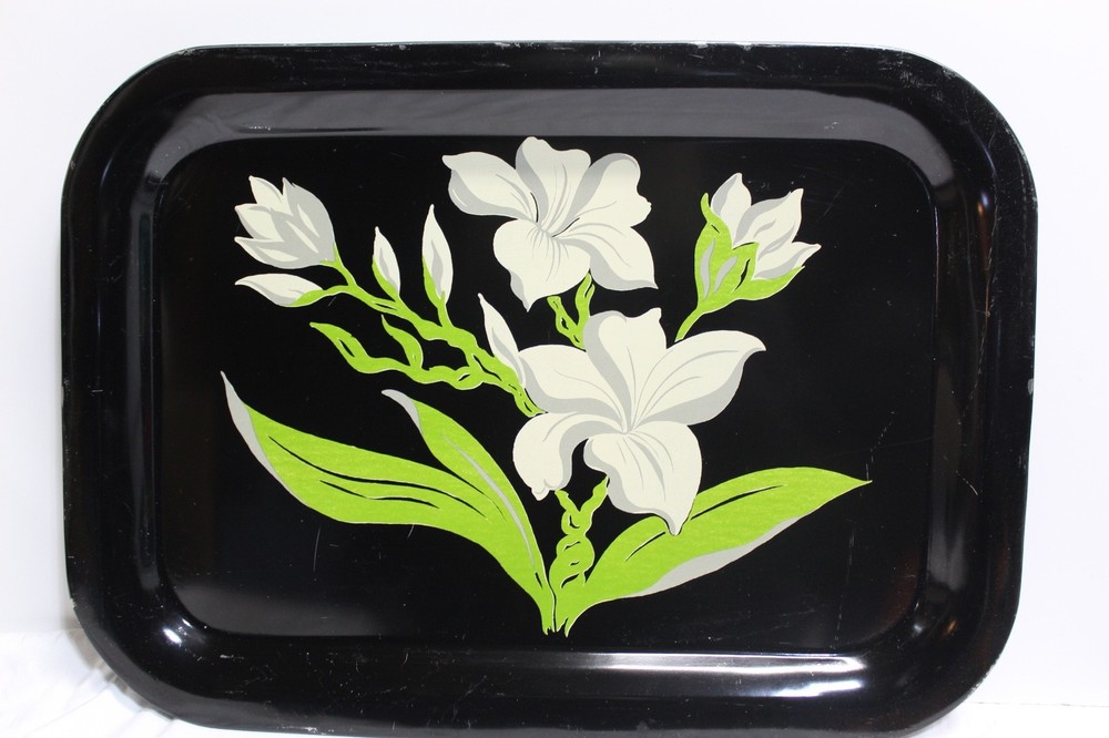 Vintage Toleware Metal Tray Lillies Flowers 17.5×12.5″ Set Of 4