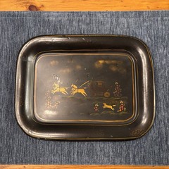 Antique Toleware Tray Hand-painted Metal, Horses & Carriage, Floral, Decor