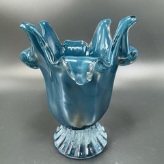 1980s Art Glass Abstract Vase Bowl Centerpiece Teal Blue Iridescent Finish Glass