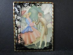 Vintage 1940s Lithograph Reverse-Painted Bubble Glass Silhouette, pair