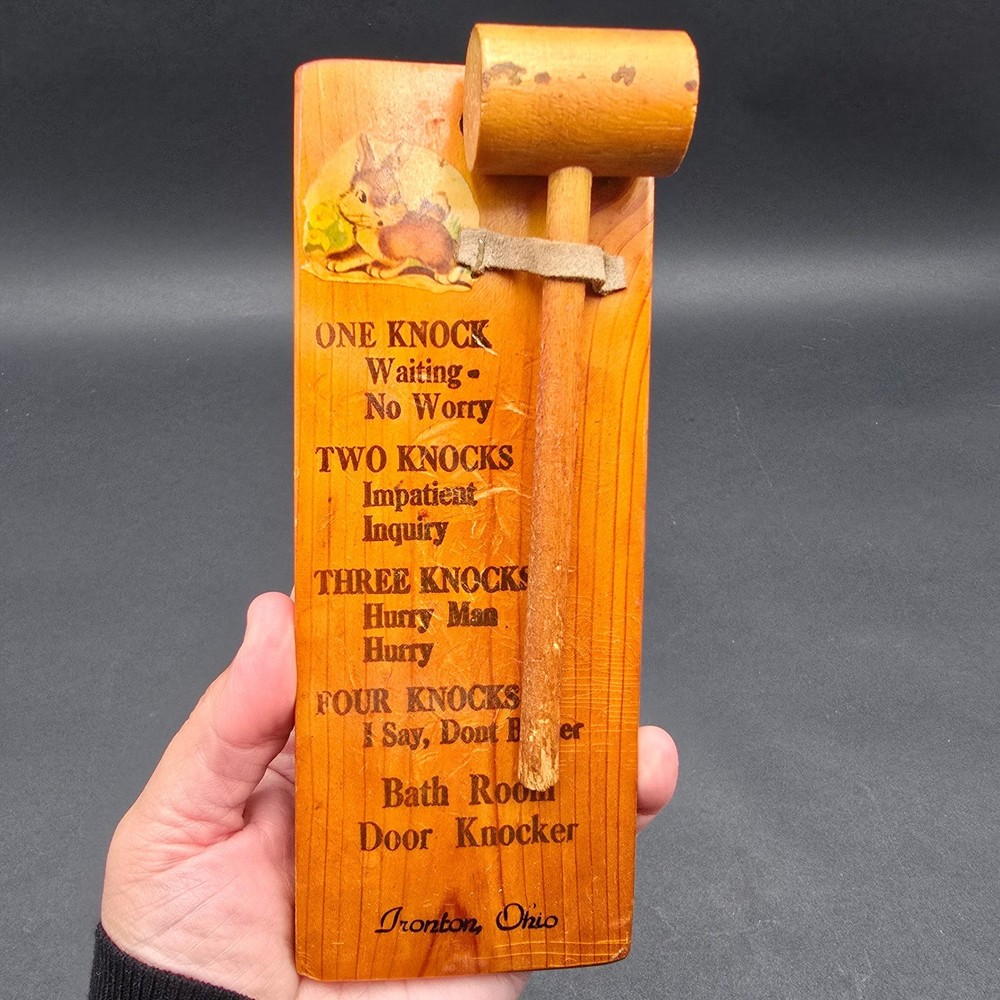 Vintage Wood Bathroom Door Knocker Mallet Novelty Ironton Ohio Made in USA Bunny