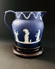 ANTIQUE WEDGWOOD DARK BLUE JASPER WARE DIP PITCHER c 1891 Sacrificial Figs 5”