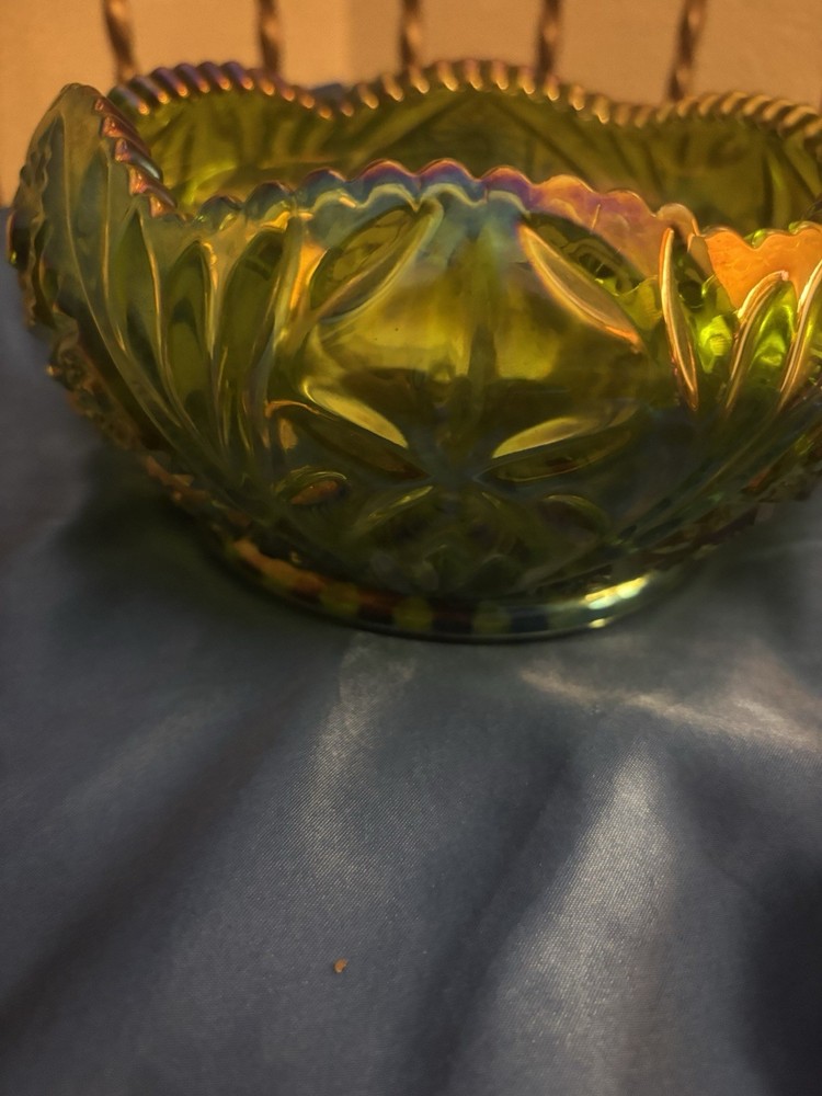 Green and Blue Carnival Glass Bowel with Iridescent Accents